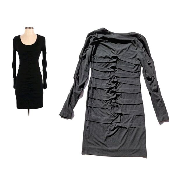 Vtg Witchy Long Statement Sleeve Ruched Knotted Jersey Knit Bodycon Black Sz 6 - Picture 2 of 9